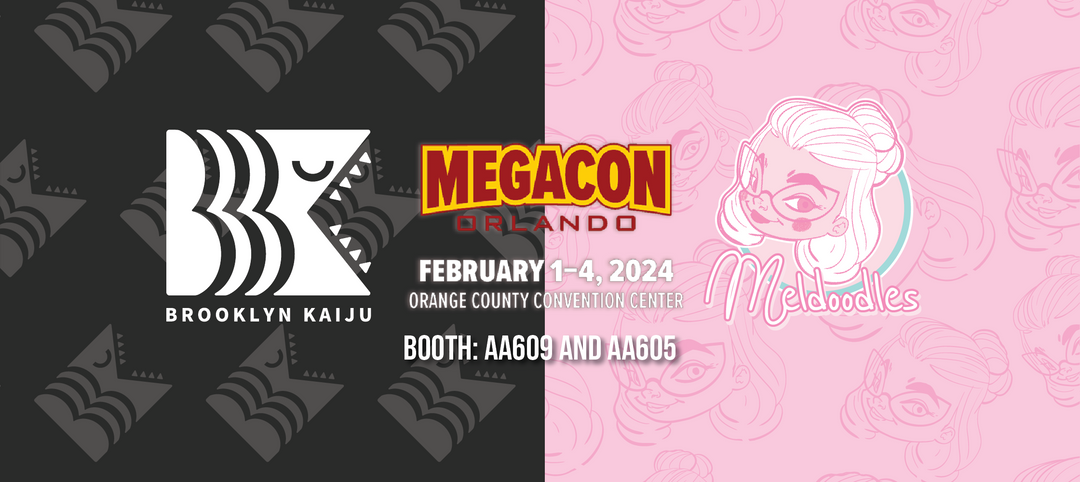 Dual banner for MEGACON Orlando with 'Brooklyn Kaiju' art on left and 'Meldoodles' sketches on pink right, event details included.