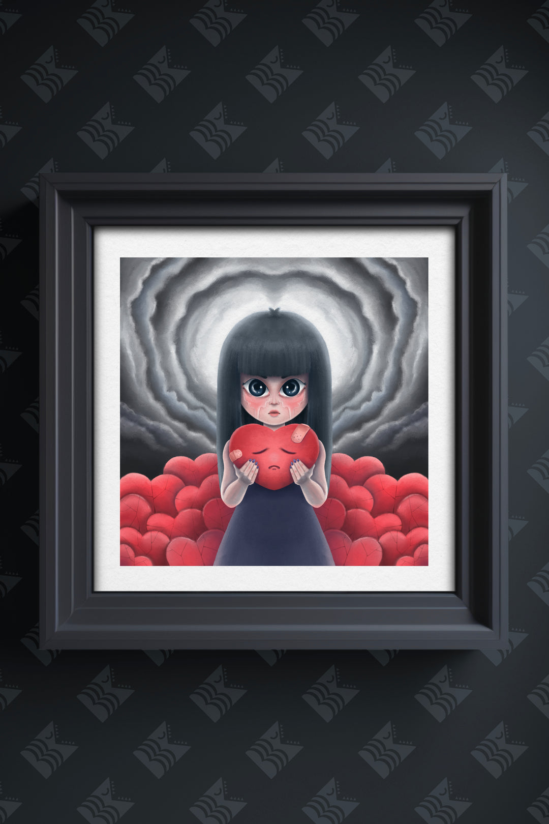 An artwork in a cute but surreal style depicts a pale-skinned girl with tears streaming from her eyes. She holds a heart with a sad face, which is bandaged. In the background, a pile of broken hearts is scattered across the ground, and the sky above is a dark shade of grey, evoking a somber and melancholic atmosphere.